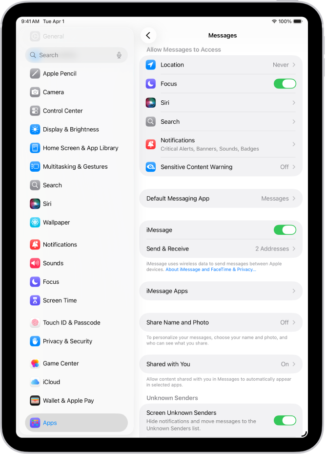 The Messages settings pane with iMessage turned on.