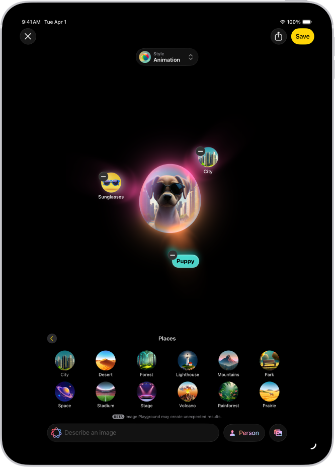 The Image Playground app window showing a created image of a person dressed as a superhero.