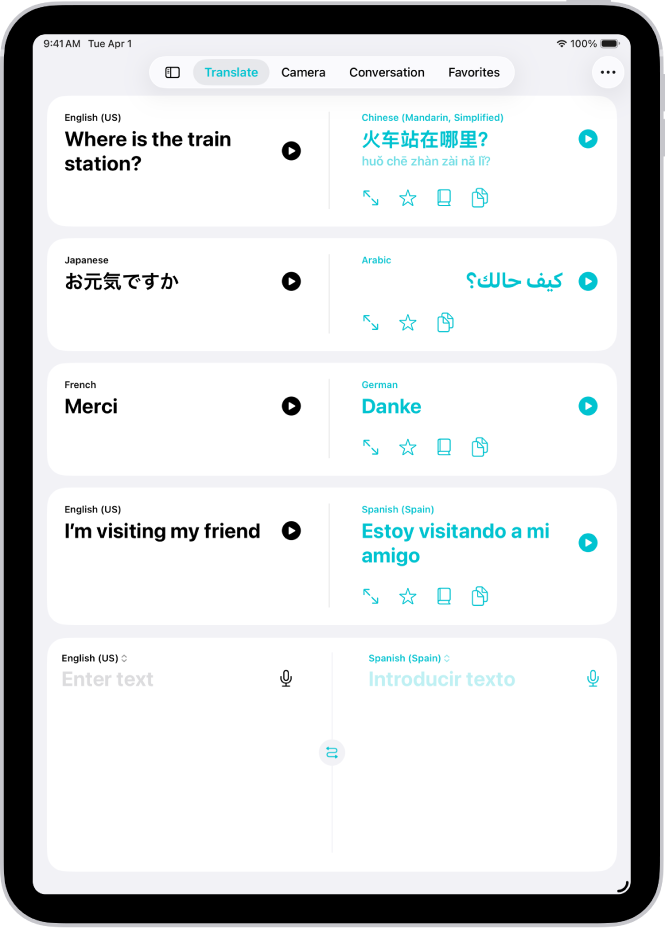 The Translate screen, showing phrases translated from English to Chinese, Japanese to Arabic, French to German, and English to Spanish. Along the top, from left to right, are the Show Sidebar, Translate, Camera, Conversation, Favorites, and More buttons.