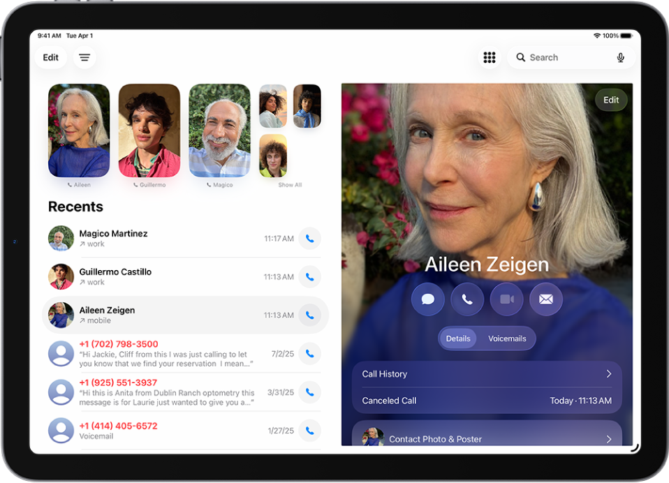 The Phone app, with Favorite contacts on the left side of the screen. Below the Favorites is a list of recent calls and voicemail. The contact information appears on the right side of the screen, with the Keypad button in the top right of the screen.