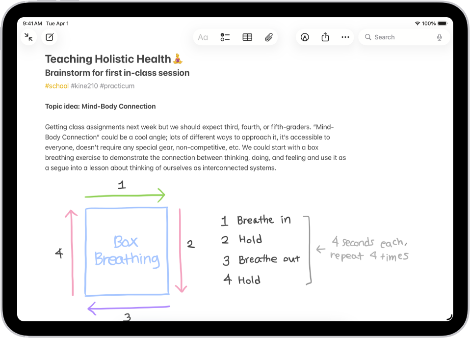 A note for a class brainstorm with tags such as #school and #kine210. The note features a hand-drawn diagram of a box breathing exercise, which illustrates a four-step breathing cycle.