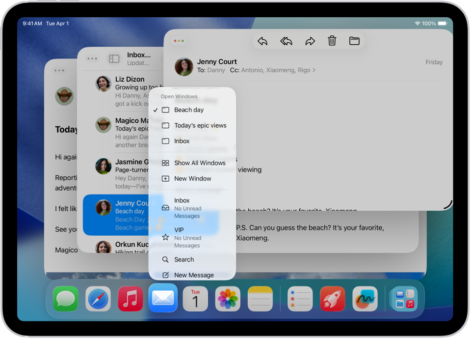 An iPad screen with open windows for the Mail app and showing the app menu for the app in one of the windows.