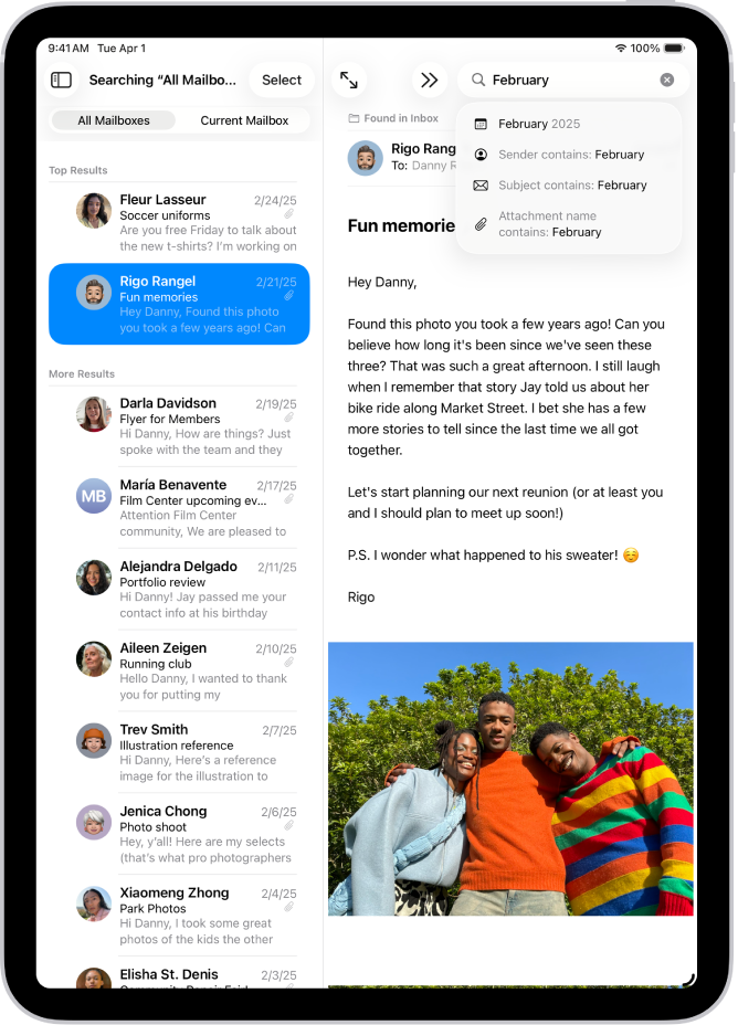 A message is open in the Mail app, and search terms are being typed in the screen’s sidebar.