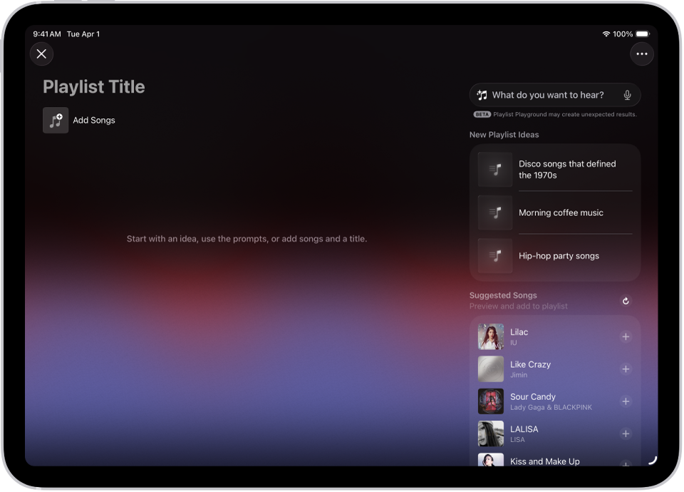 Playlist Playground open in Apple Music, showing the title field, the Add Songs button, and a search field with playlist suggestions below it.