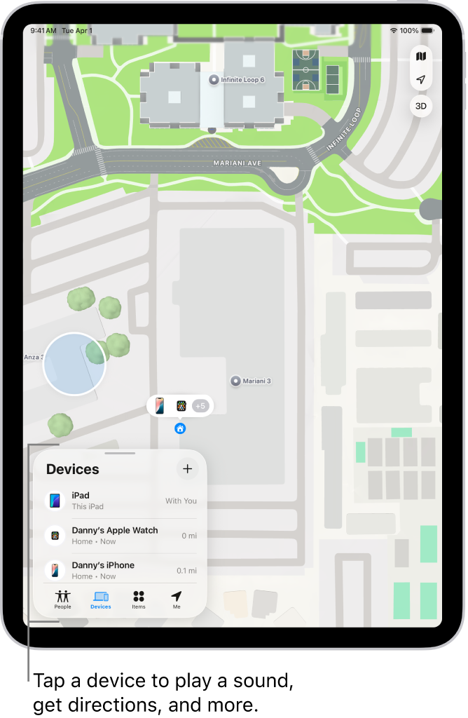 The Find My screen open to the Devices list. The devices listed include Danny’s iPad, Danny’s iPhone, Danny’s Apple Watch, and Danny’s AirPods Pro. Their locations are shown on a map near Santa Cruz.