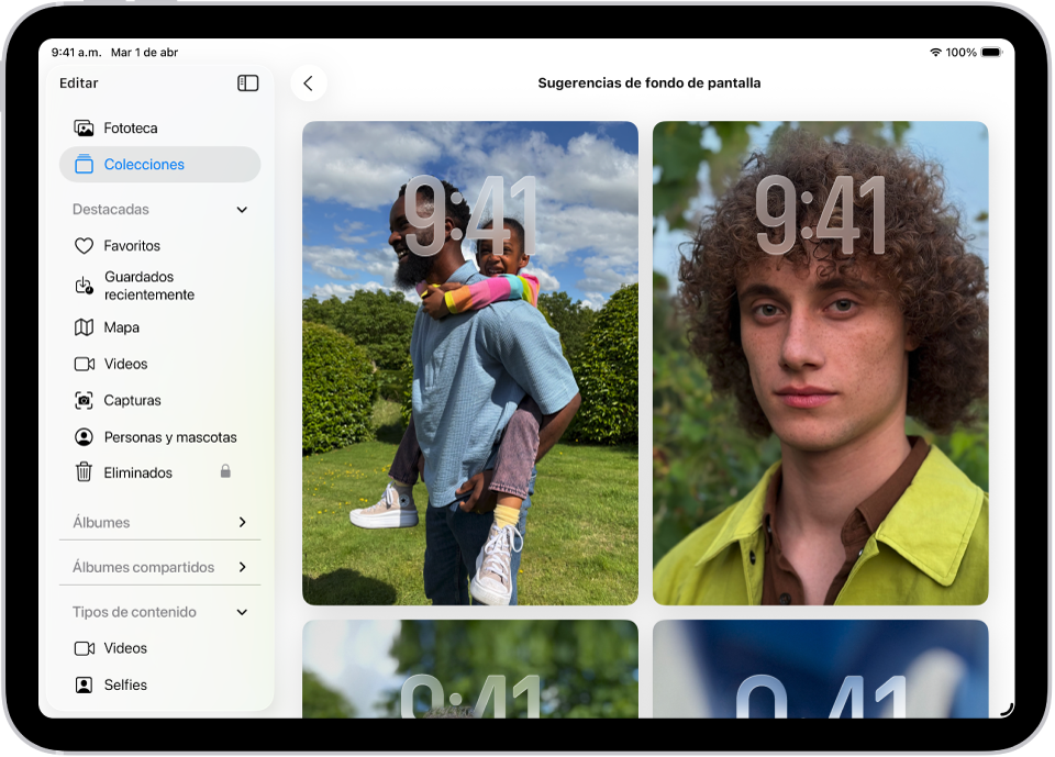 Las sugerencias de fondos de pantalla están abiertas en la app Fotos. Aparecen combinaciones de fotos generadas automáticamente, efectos de filtro y tipos de letra para la carátula del reloj como sugerencias.