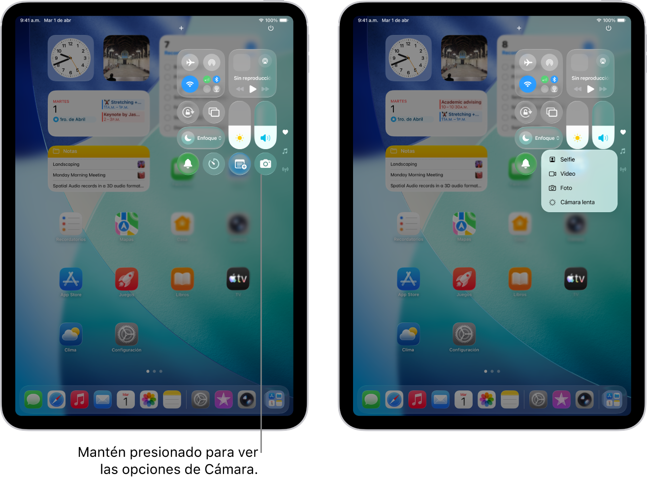 Centro de control del iPad. Los controles de modo de vuelo, datos celulares, Wi-Fi y Bluetooth están en el grupo de la parte superior izquierda del centro de control en modelos de iPad Wi-Fi + Cellular. El control de la cámara se encuentra en la parte inferior derecha del centro de control. La pantalla de la derecha muestra el menú rápido de opciones que aparece al mantener presionado el control de la cámara.