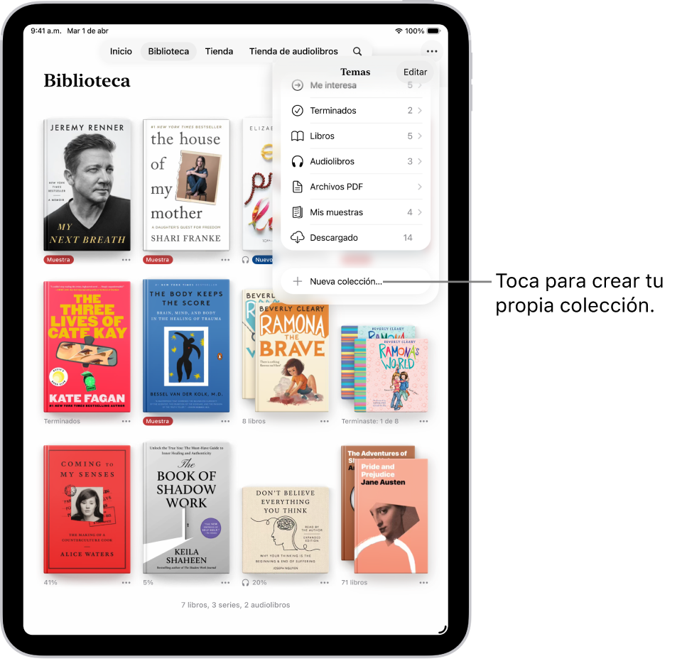 La pantalla Biblioteca de la app Libros. El menú Colecciones está abierto en la parte superior de la pantalla y muestra opciones como Audiolibros y PDF.