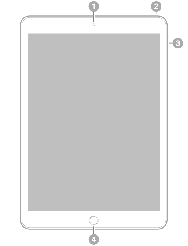 Vista frontal del iPad, con textos sobre la cámara frontal en la parte superior central, el botón superior arriba a la derecha, los botones de volumen a la derecha y el botón de inicio/Touch ID en la parte inferior central.