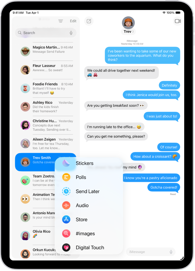 iPadi rakenduse Messages menüü Add, kus on erinevad iMessage’i funktsioonid: ajastatud saatmine, helisõnumid, App Store, GIF-pildid, Digital Touch, asukohajagamine ja muusika.