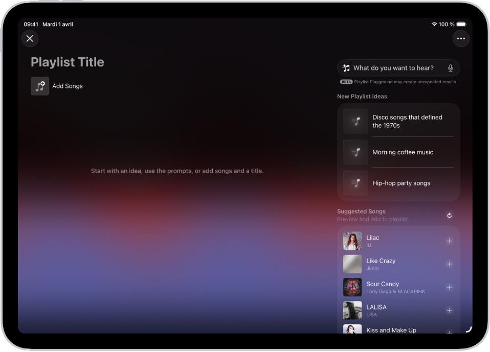 Playlist Playground s’ouvre dans Musique, et affiche le champ du titre, le bouton Ajouter des morceaux et un champ de recherche avec des suggestions de playlists en dessous.