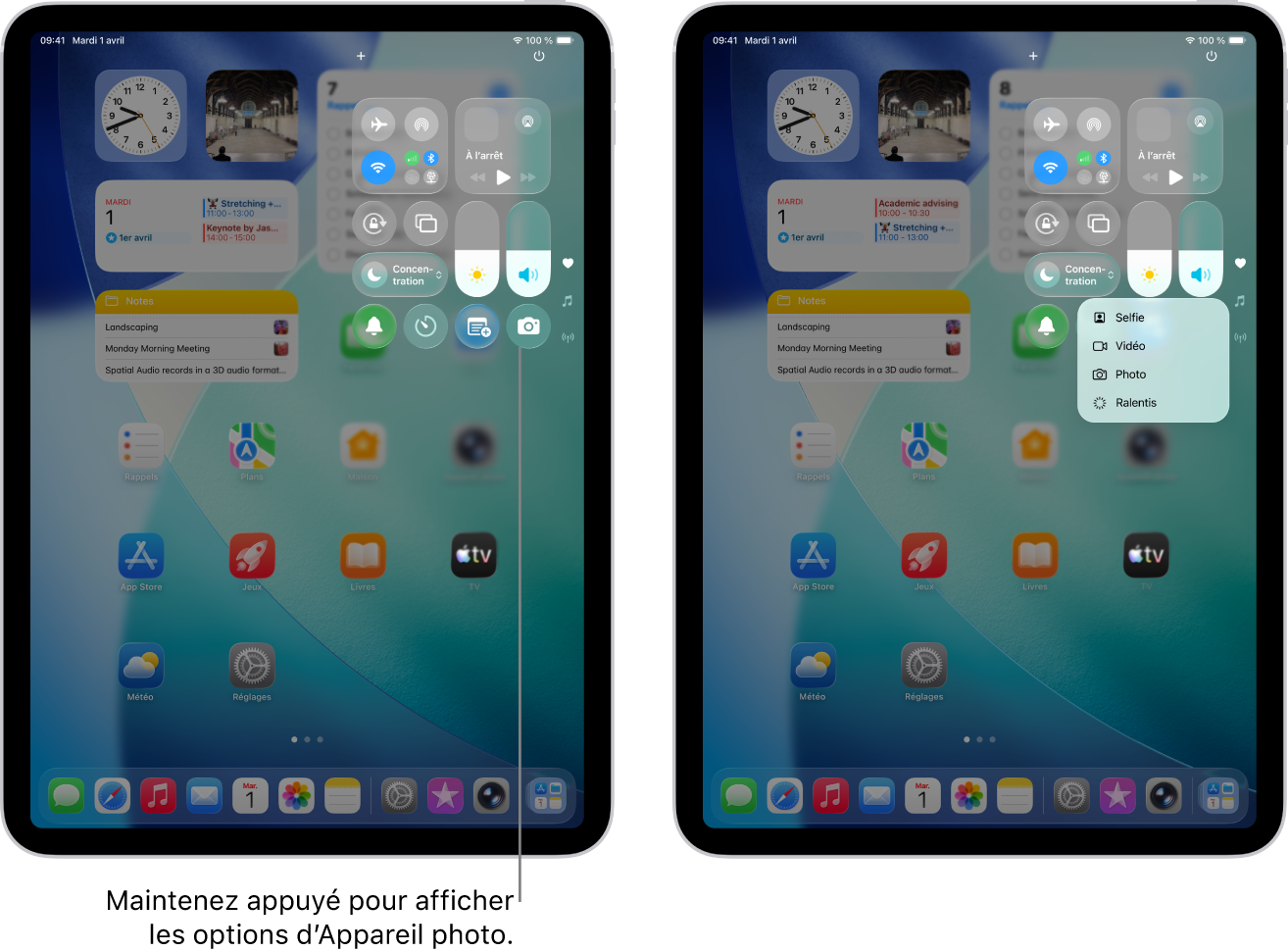 Le centre de contrôle de l’iPad. Les commandes associées au mode Avion, aux données cellulaires, au Wi-Fi et au Bluetooth se situent dans le groupe en haut à gauche du centre de contrôle pour les modèles d’iPad Wi-Fi + Cellular. La commande « Appareil photo » se trouve en bas à droite du centre de contrôle. L’écran sur la droite présente le menu des actions rapides qui s’affiche lorsque vous maintenez le doigt sur la commande « Appareil photo ».