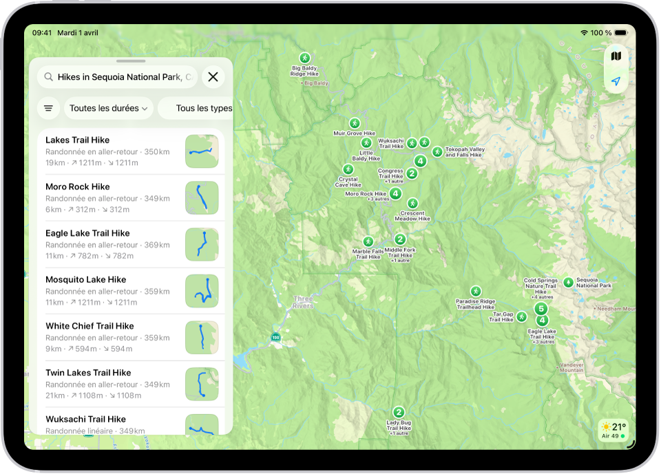 L’app Plans affichant des résultats pour une recherche de randonnées dans un parc national.