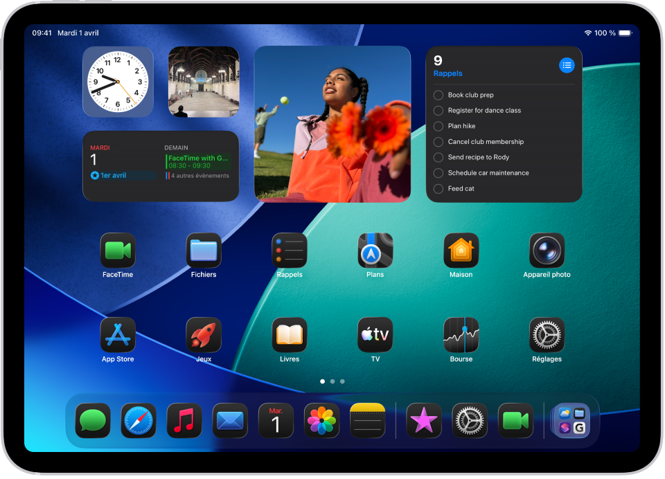 Écran d’accueil de l’iPad avec l’apparence sombre activée.