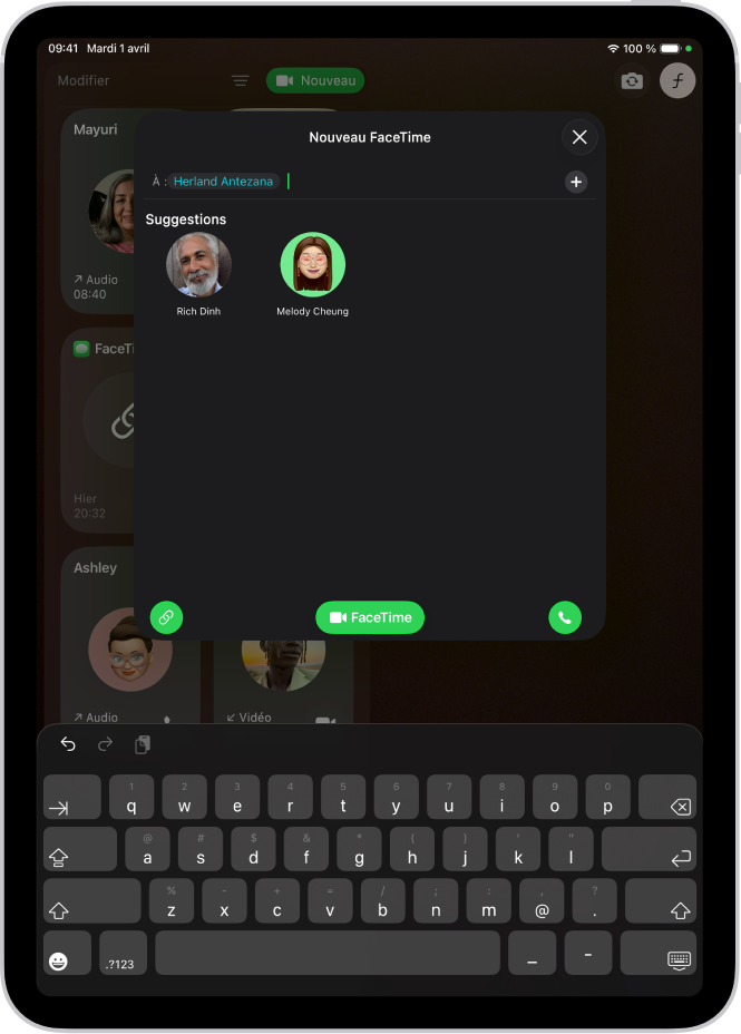 La fenêtre « Nouveau FaceTime » sur l’iPad. Un nom est saisi dans le champ À et deux suggestions de contact s’affichent en dessous.