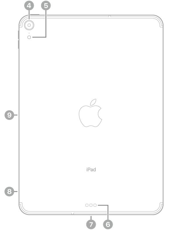 La vue de dos de l’iPad Pro, avec des légendes liées à l’appareil photo arrière et au flash en haut à gauche, au Smart Connector et au connecteur USB-C en bas au centre, au support pour carte SIM (Wi-Fi + Cellular) en bas à gauche, ainsi qu’au connecteur magnétique pour l’Apple Pencil à gauche.