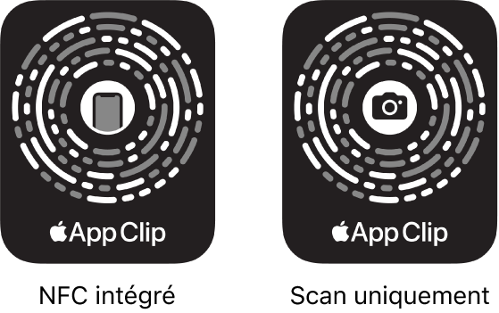 À gauche, un code d’extrait d’app doté de la technologie NFC avec une icône d’iPhone au centre. À droite, un code d’extrait d’app à scanner uniquement, avec une icône d’appareil photo au centre.