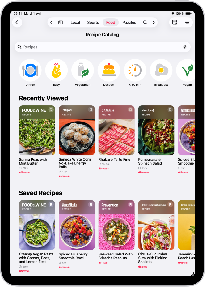 Le catalogue de recettes dans l’app News.