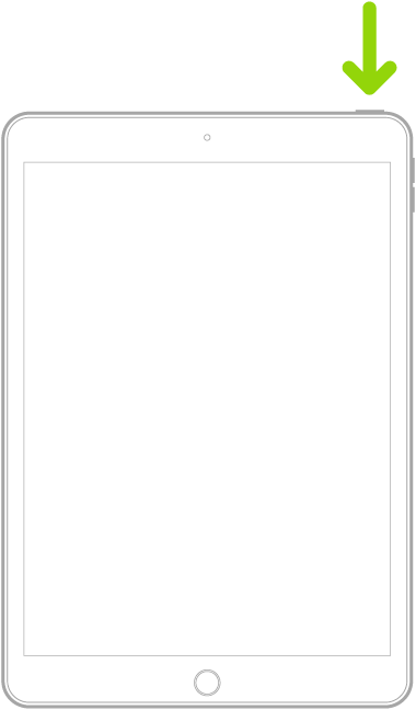 Un modello di iPad con il tasto Home. Una freccia indica il tasto in alto.