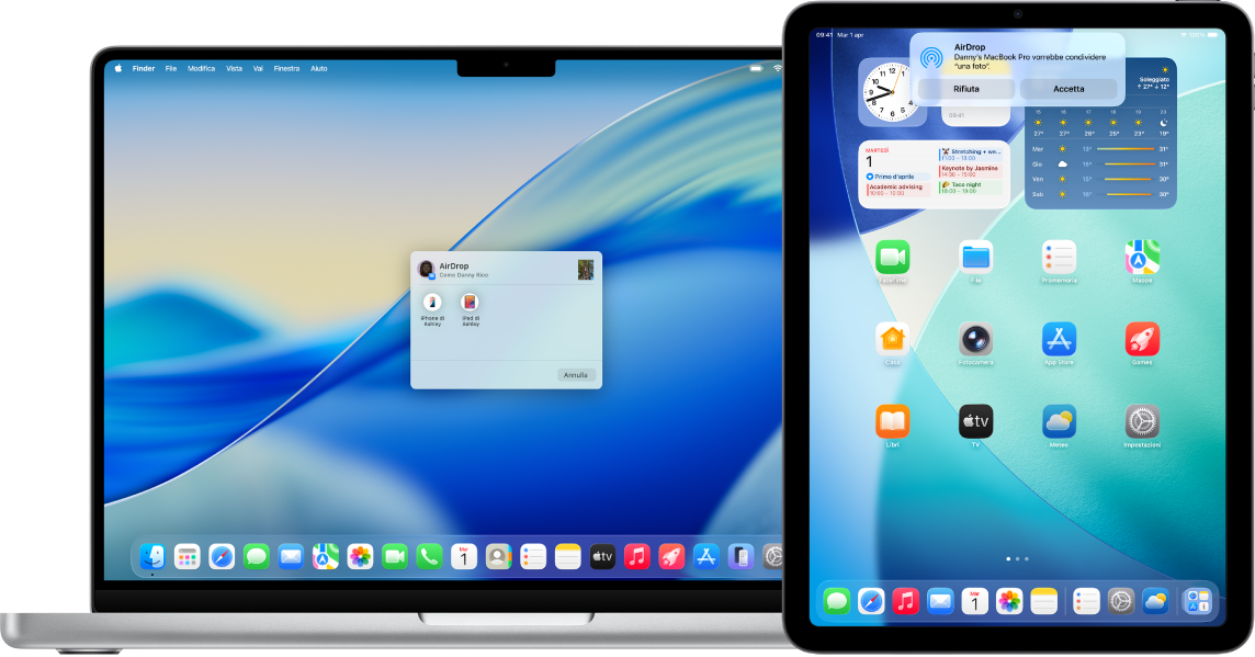 Un Mac accanto a un iPad. La finestra di dialogo di AirDrop è aperta sulla scrivania del Mac, pronta per condividere un documento con iPad. Sullo schermo di iPad appare una notifica sulla ricezione del documento.