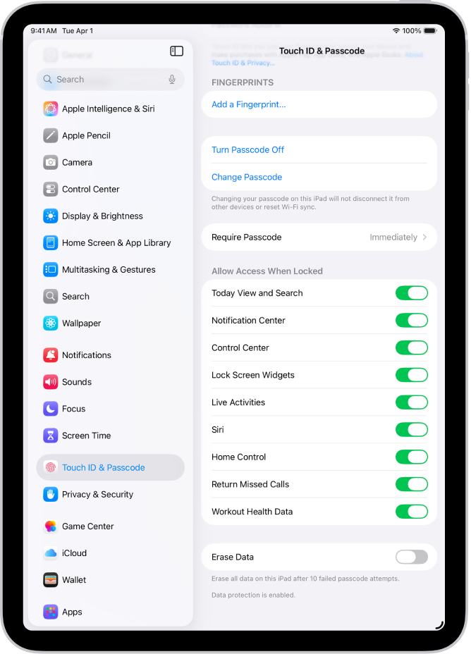 iPad ಅನ್ನು ಲಾಕ್ ಮಾಡಿರುವಾಗ ನಿರ್ದಿಷ್ಟ ಫೀಚರ್ಗಳಿಗೆ ಆಕ್ಸೆಸ್ ಅನ್ನು ಅನುಮತಿಸುವ ಆಯ್ಕೆಗಳಿರುವ Face ID ಮತ್ತು ಪಾಸ್ಕೋಡ್ ಸೆಟ್ಟಿಂಗ್ಸ್.