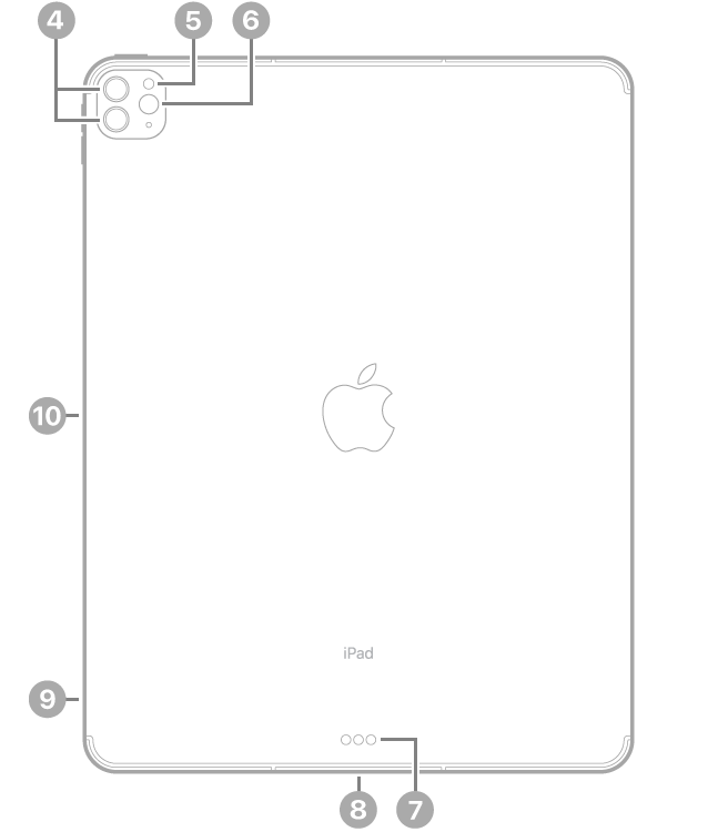 iPad Proನ ಹಿಂಭಾಗದ ನೋಟವನ್ನು ತೋರಿಸಲಾಗುತ್ತಿದೆ. ಅದರಲ್ಲಿ ಮೇಲಿನ ಎಡಭಾಗದಲ್ಲಿರುವ ಹಿಂಬದಿಯ ಕ್ಯಾಮರಾಗಳು ಮತ್ತು ಫ್ಲ್ಯಾಶ್, ಕೆಳಭಾಗದ ಮಧ್ಯದಲ್ಲಿರುವ ಸ್ಮಾರ್ಟ್ ಕನೆಕ್ಟರ್ ಮತ್ತು ಥಂಡರ್ಬೋಲ್ಟ್ / USB 4 ಕನೆಕ್ಟರ್ ಹಾಗೂ ಕೆಳಗಿನ ಎಡಭಾಗದಲ್ಲಿರುವ ಸಿಮ್ ಟ್ರೇ (Wi-Fi + Cellular), ಎಡಭಾಗದಲ್ಲಿರುವ Apple Pencil ಮ್ಯಾಗ್ನೆಟಿಕ್ ಕನೆಕ್ಟರ್ ಕಡೆಗೆ ತೋರಿಸಲಾಗುತ್ತಿದೆ.