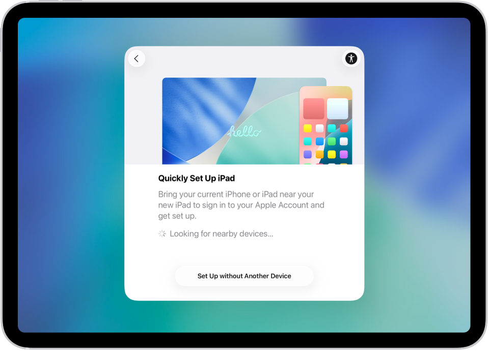 Ekranas „Greitoji pradžia“, kuriame rodomos parinktys, kaip nustatyti „iPad“ – laikant jį šalia kito „iPhone“ arba „iPad“ arba nustatant jį be kito įrenginio.