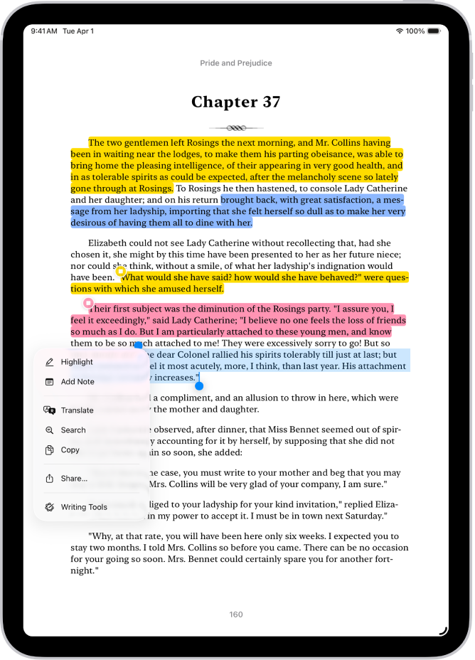 Grāmatas lappuses lietotnē Books, daļa lappuses teksta ir iezīmēta. Virs atlasītā teksta ir pogas Highlight, Add Note, Translate, Search, Copy un Share.