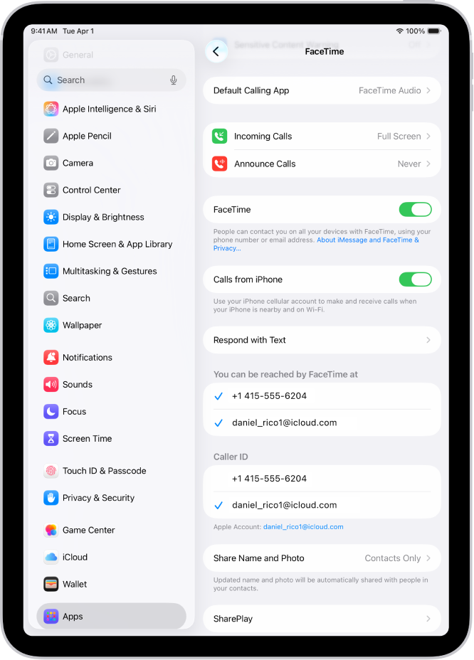Skrin Seting FaceTime, menunjukkan kawalan untuk mengaktifkan atau menyahaktifkan FaceTime dan nombor telefon dan alamat e-mel yang anda boleh dihubungi.