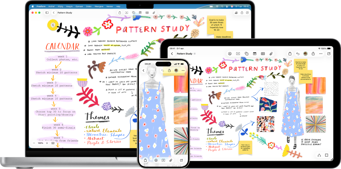 Een Mac, iPad en iPhone waarop hetzelfde Freeform-bord is geopend.