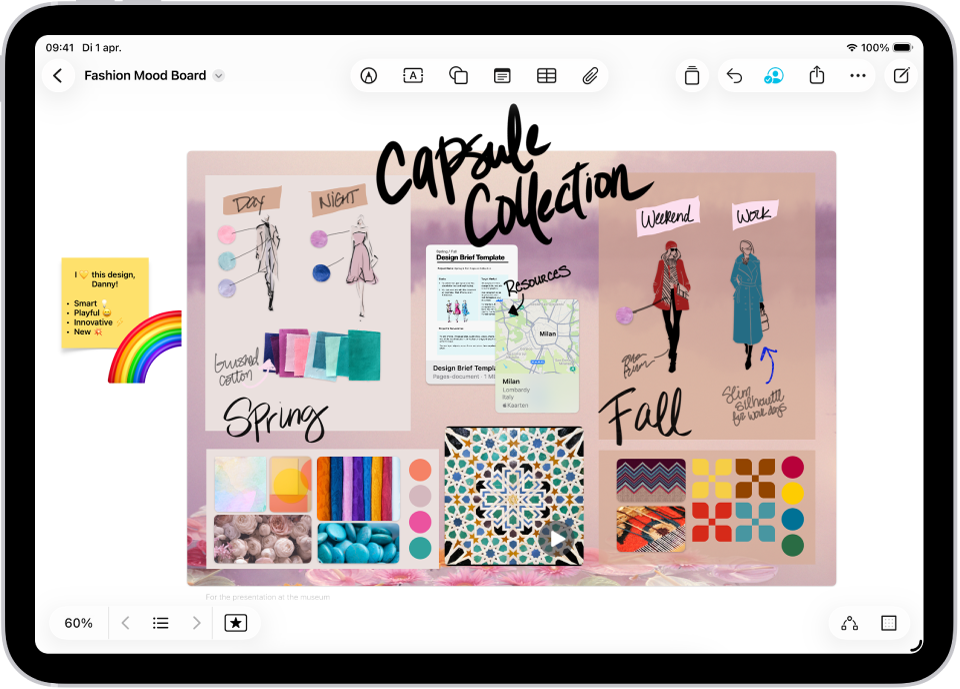 Een iPad waarop de Freeform-app is geopend. Op het bord zie je met de hand geschreven tekst, tekeningen, vormen, foto's, video's, plaknotities, links en andere bestanden.