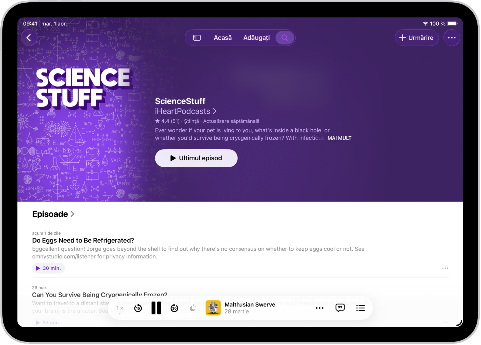 Pagina unei emisiuni din aplicația Podcasturi afișând două episoade cu rezumatele fiecăruia și mini-playerul în partea de jos.
