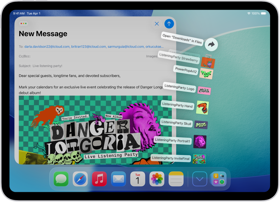 iPad முகப்புத் திரையில், Dockஇல் இருந்து திறக்கக்கூடிய கோப்புகள் காட்டப்பட்டுள்ளன.