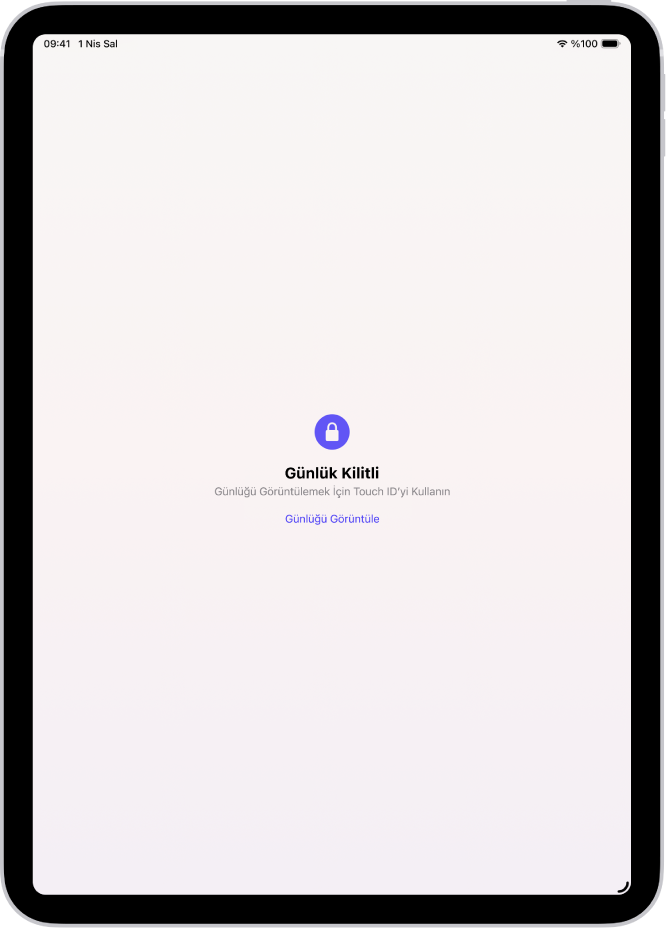 Günlük uygulamasında günlüğünüzün kilidinin açılması Touch ID kullanmanızı isteyen bir ekran.