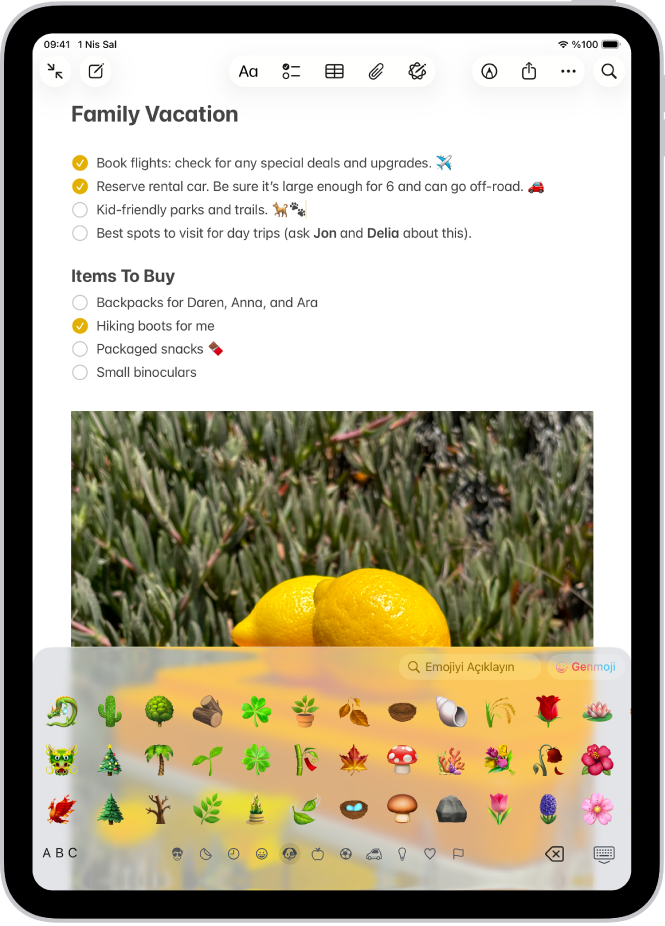 Ekranın üst tarafında Notlar uygulamasında bir not açık ve ekranın alt tarafında emoji klavyesi açık.
