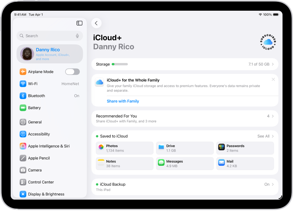 iCloud اسٹوریج میٹر اور iCloud کے ساتھ استعمال کیے جانے والے فیچر کی فہرست—بشمول ”تصویر“، iCloud Drive اور iCloud بیک اَپ—دکھانے والی iCloud سیٹنگ اسکرین۔
