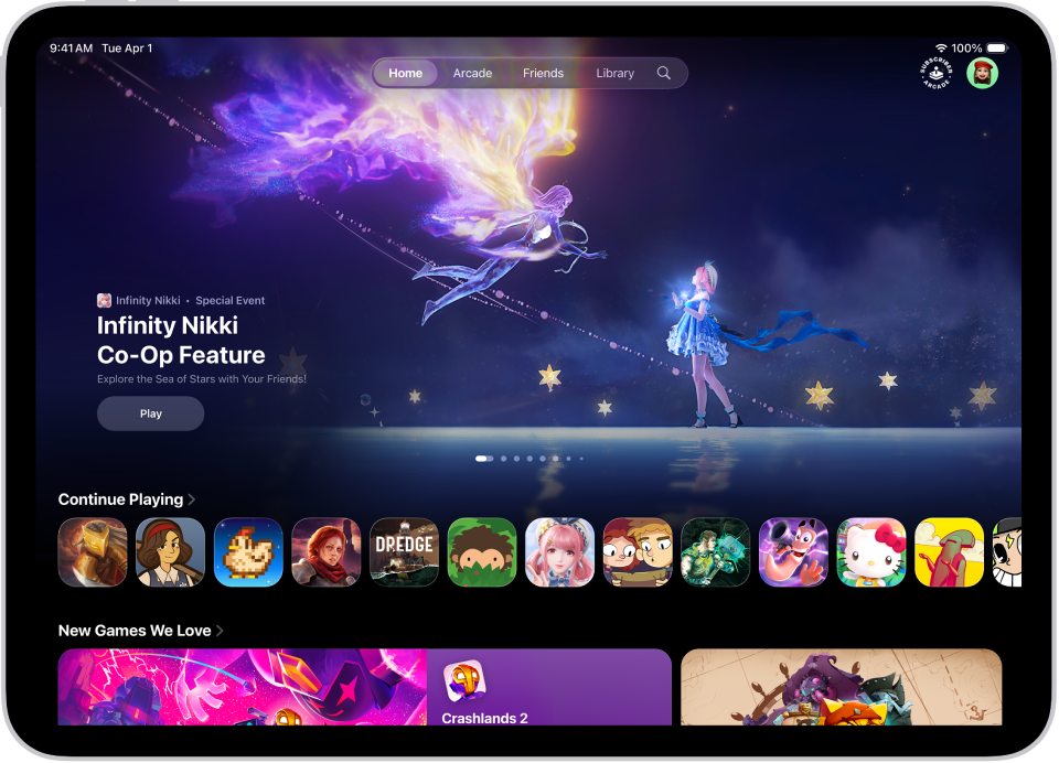 Apple Games ایپ میں ہوم ٹیب دکھایا جا رہا ہے، جس میں خصوصی ایونٹ، کھیل جاری رکھنے کے لیے گیم اور نئے ریلیز دکھائے گئے ہیں۔