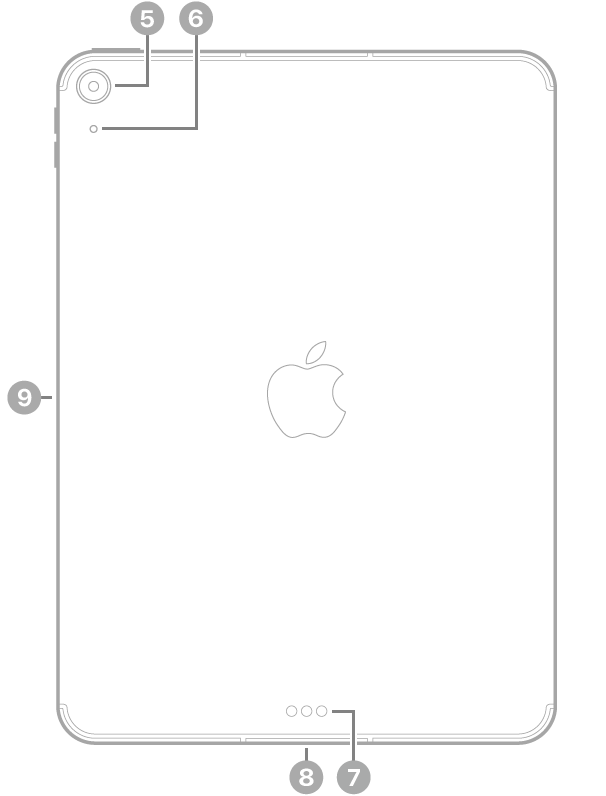 iPad Air 背面视图,标注指向左上方的后置相机和麦克风、底部中央的智能接点和 USB-C 接口、左下方的 SIM 卡托(无线局域网 + 蜂窝网络机型)以及左侧用于 Apple Pencil 的磁性接口。