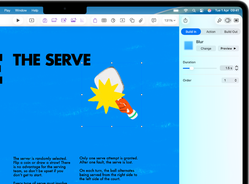 The Animation controls for adding animation to the selected image. Build In, Action and Build Out buttons are across the top of the sidebar. Build In is selected and shows controls for the Drift and Scale effect.