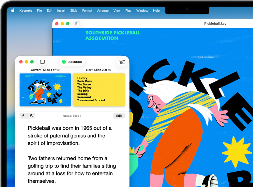 A presentation playing in windowed playback mode. The presenter display appears in one window, while the current slide plays in another.