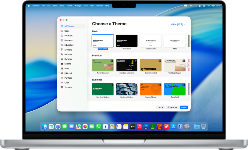 A MacBook Pro with the Keynote theme chooser open on the screen. The All Themes category is selected on the left and pre-designed themes appear on the right in rows by category. The Language and Region pop-up menu is in the bottom-left corner and the Standard and Wide pop-up menu is in the top-right corner.