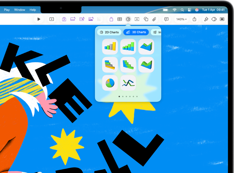 The toolbar with buttons to add tables, charts, text boxes, shapes and media. Chart is selected and shows buttons for 2D, 3D and Interactive charts. 3D is selected and chart options are shown below.