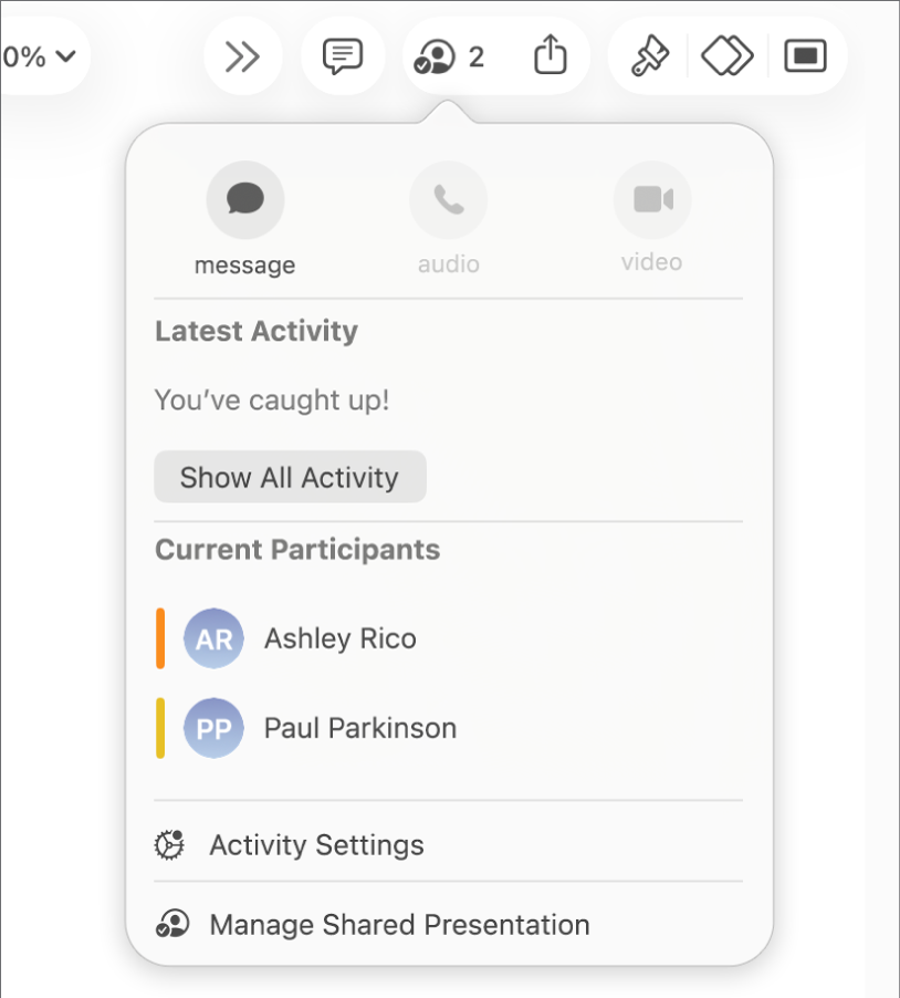 The collaboration menu showing the names of people collaborating on the presentation.