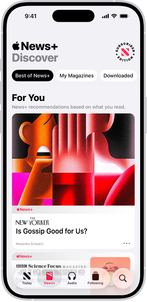A magazine story from Apple News+. In the tabs across the bottom, News+ is selected.