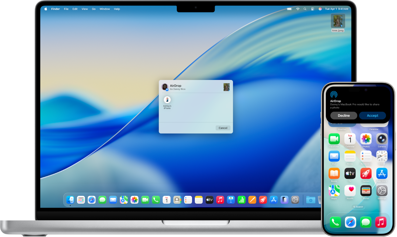 Mac on iPhone’i kõrval. Maci töölaual on avatud AirDropi dialoogaken, mis on valmis jagama dokumenti iPhone’iga. iPhone’i ekraanil on märguanne dokumendi vastuvõtmise kohta.
