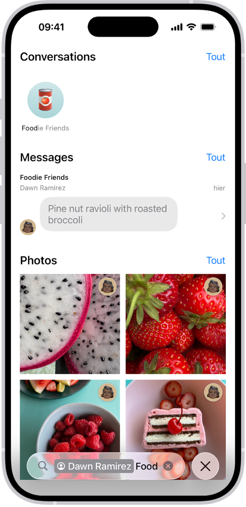 Des résultats de recherche dans l’app Messages. Il contient un tag qui limite la recherche aux messages envoyés par une personne en particulier.