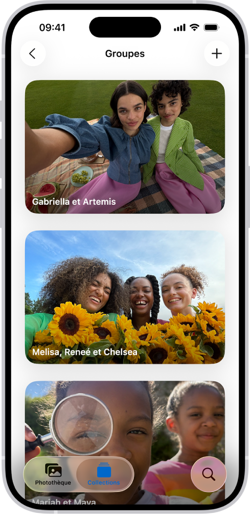 Des groupes sont ouverts dans la section « Personnes et animaux » de l’app Photos. Une liste de collections portant les noms des personnes incluses dans le groupe est affichée.