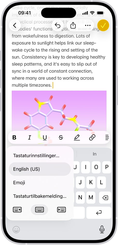 Tastaturinnstillinger-menyen er åpen og viser tre alternativer: Engelsk (USA), Emoji og Tastaturtilbakemelding. Nederst på skjermen, fra venstre til høyre, vises knapper for venstrehendt layout, standardlayout og høyrehendt layout. Standardlayout-knappen er markert.