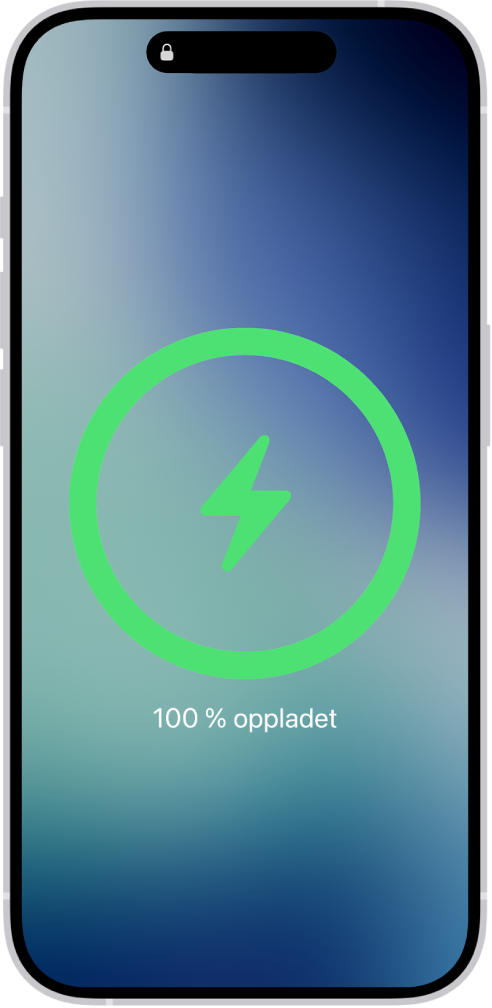 En iPhone-skjerm som viser at batteriet er ladet til 100 %.
