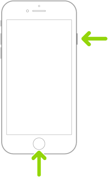 En iPhone med Touch ID. Én pil peker på sideknappen og en annen pil peker på Hjem-knappen for å vise hvordan man tar et skjermbilde.